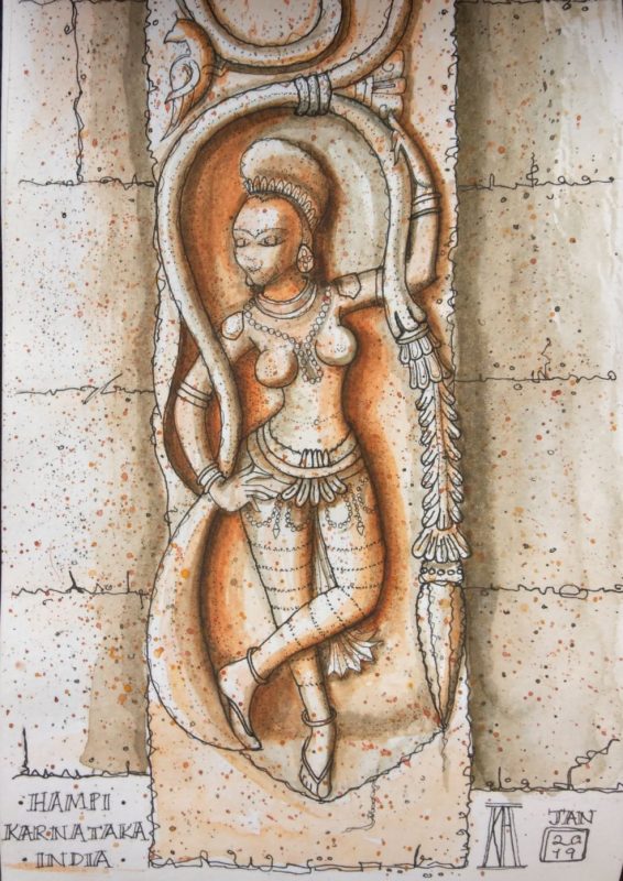 indian dancer, woman, stone carving, hampi, pen and wash, watercolor, watercolour, painting, drawing, sketchbook, travel, illustration, travel blog