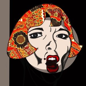 Portrait, charcoal, digital art, shouting woman, 70's pattern