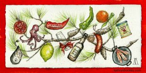 annie b, spanish kitchen, spanish cooking, andalucia, cooking courses, sherry, jerez, xerez, tours, lemon, pomegrante, orange, peppers, salmonete, red snapper, mussel, octopus, pulpo, pine, christmas, card, chorizo, pimenton, paprika, sketch, watercolour, pen and watercolour, pine cones, umbrella pine, paella pan, card, christmas card, drawing