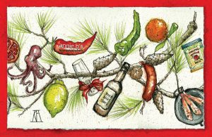 annie b, spanish kitchen, spanish cooking, andalucia, cooking courses, sherry, jerez, xerez, tours, lemon, pomegrante, orange, peppers, salmonete, red snapper, mussel, octopus, pulpo, pine, christmas, card, chorizo, pimenton, paprika, sketch, watercolour, pen and watercolour, pine cones, umbrella pine, paella pan, card, christmas card, drawing