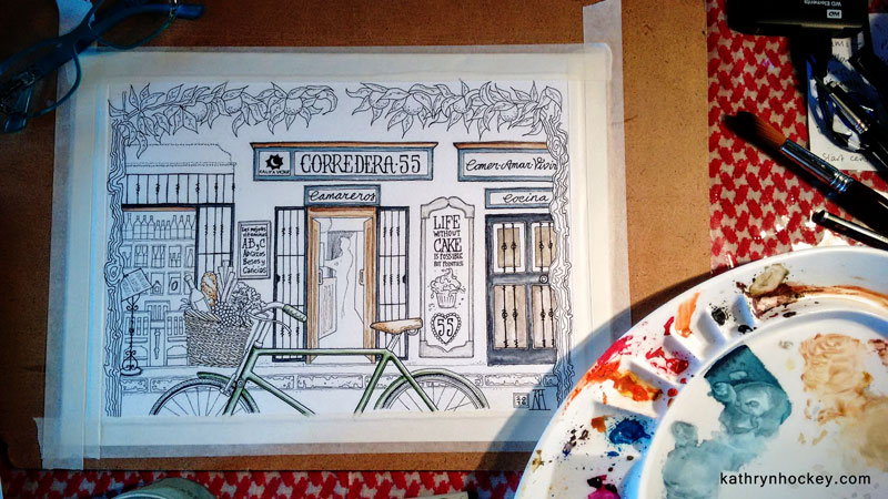 corredera 55, restaurant, califa vejer, vejer de la frontera, andalusia, pen and watercolour, pen and wash, pen and watercolor, sketch, drawing, painting, facade, comer amar vivir, life without cake, vitamins abc