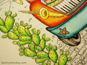 mr groovy and the blue heads, somos mas, cd cover, sketch, blues band, mister groovy, pen and water colour, pen and watercolor, watercolor paint, watercolour paint, illustration, drawing, tour bus, andalusia, blues festival