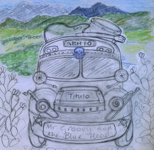 mr groovy and the blue heads, somos mas, cd cover, sketch, blues band, mister groovy, pen and water colour, pen and watercolor, watercolor paint, watercolour paint, illustration, drawing, tour bus, andalusia, blues festival