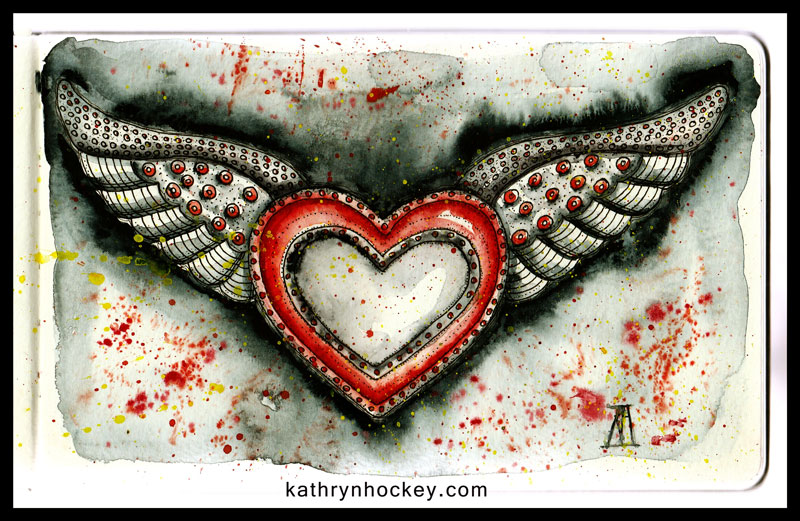 wings, love, tin heart, illustration, heart, valentine, valentines day, drawing, water colour, sketch, pen and watercolour, 