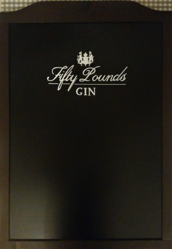 fifty pounds gin, london, gin, signwriting, chalk pens, black board, freehand, text, illustration, logo, brand