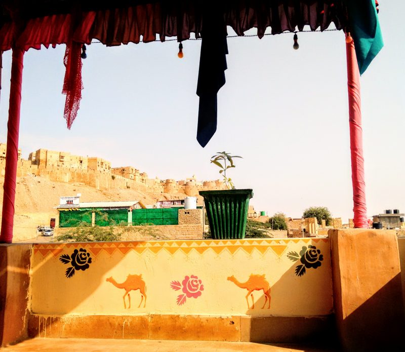 wonbin safari hostel, roof terrace, fort, jaisalmar, rajasthan, India, camel, decorative painting, mural, wall art, wall painting, folk art, acrylic paint, illustration, stencil, camels