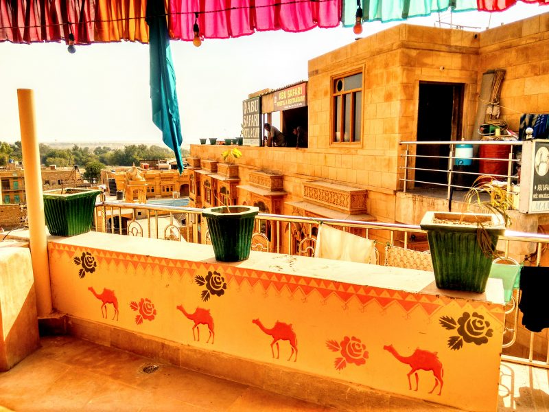 wonbin safari hostel, roof terrace, jaisalmar, rajasthan, India, camel, decorative painting, mural, wall art, wall painting, folk art, acrylic paint, illustration, stencil, camels