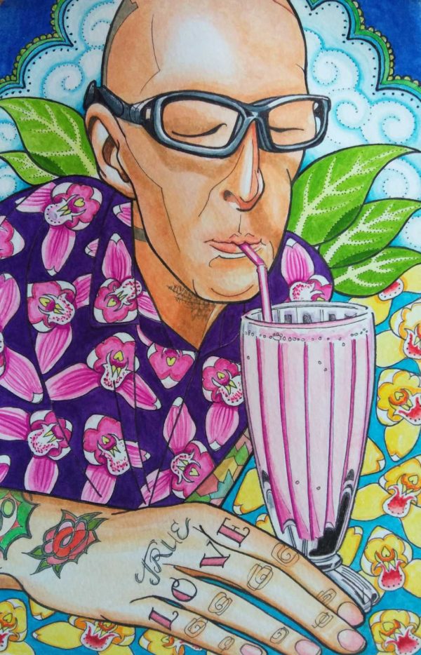 portrait, watercolor, painting, drawing, sketchbook, food illustration, travel blog, illustration, watercolour, pen and wash, tattoos, tattooed man, true love, lassi, orchids, flowers, leaves, glasses, bald head, clouds, pink drink