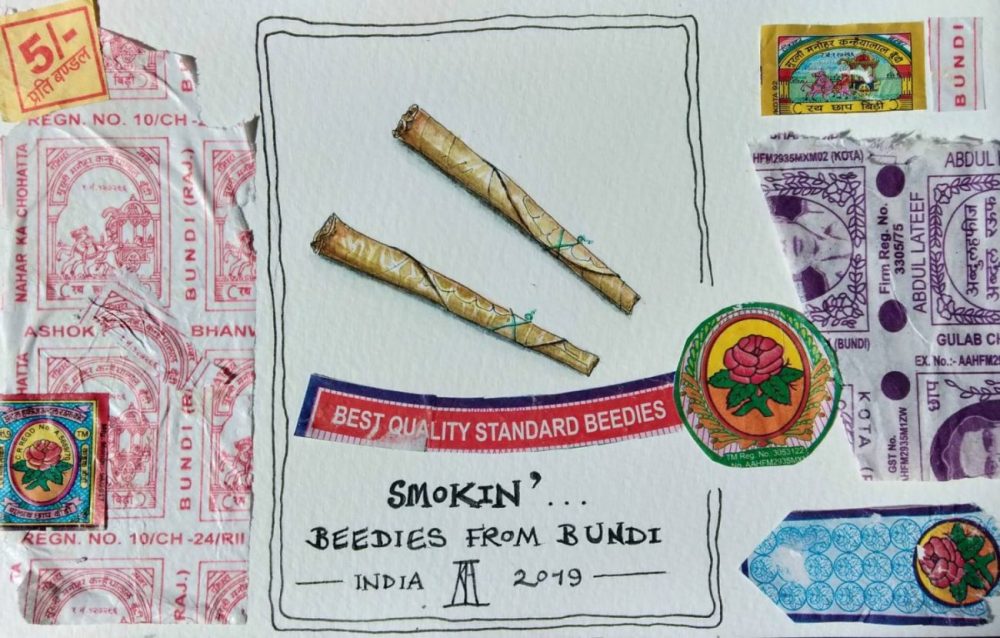 bidi, beedi, leaf cigarette, indian cigarette, bundi, rajasthan, india, travel illustration, illustration, pen and wash, watercolour, watercolor, painting, drawing, sketchbook, collage, packaging