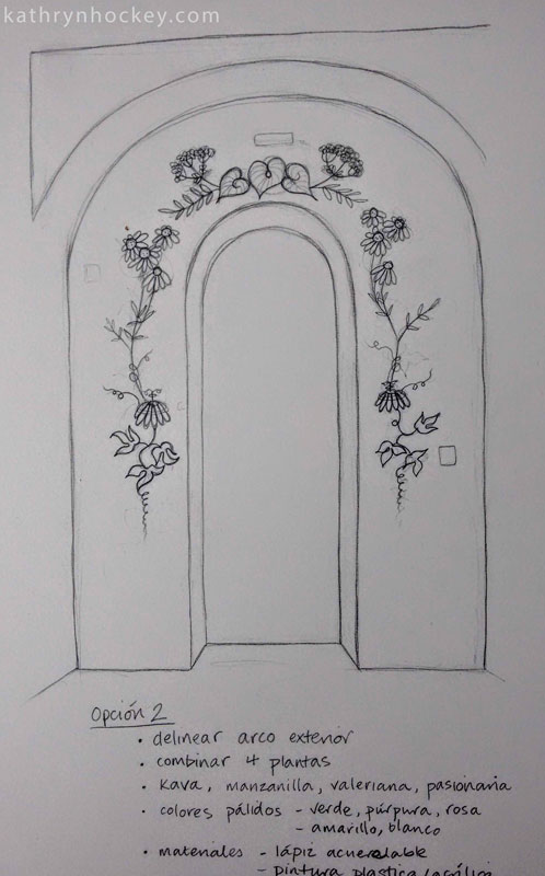 arch, mural, drawing, plants, flowers, illustration, valerian, chamomile, passion flower, kava, herbalism, natural remedies, calm, tranquillising, tranqullizing, stress relief, botanical, pharmacy, sketchbook