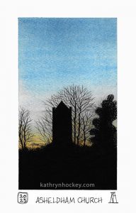sunset, trees, winter, silhouette, landscape, sky, clouds, essex, ashedham, church, essex, burnham art club, pen and wash, drawing, painting, illustration, watercolour, watercolor