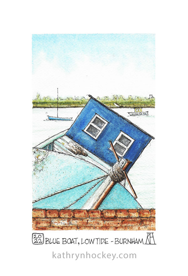 blue boat, low tide, burnham-on-crouch, burnham art club, river crouch, essex, wallasea island, boats, landscape, pen and wash, watercolour, painting, urban sketching, nautical scene, illustration
