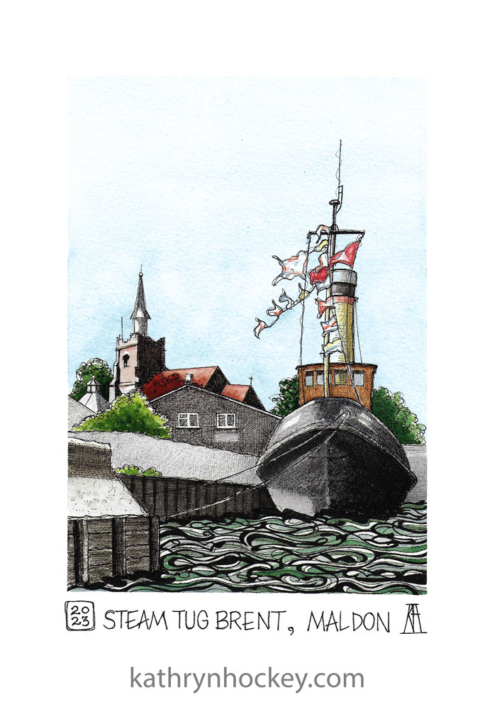 brent, steam tug, boat, hythe, promenade, maldon, essex, pen and wash, watercolour, painting, drawing, illustration