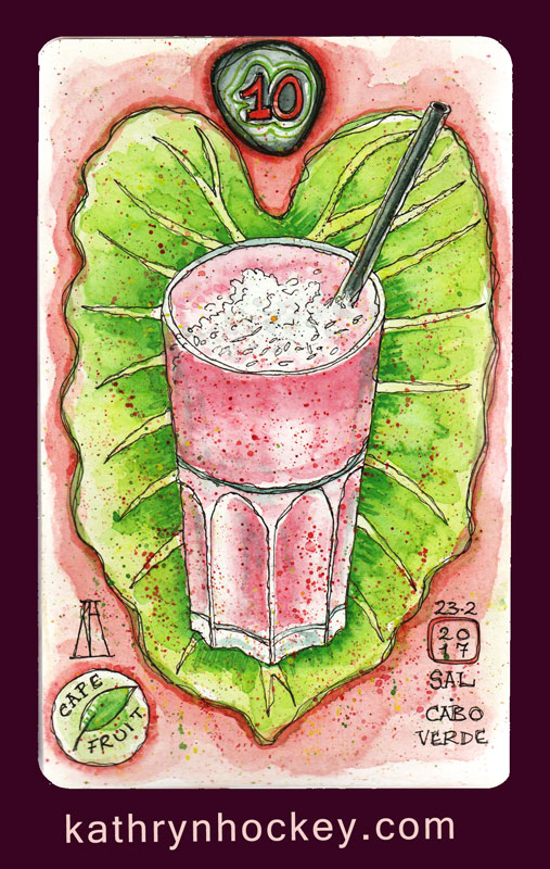 cape fruit, santa maria, sal, cape verde, cabo verde, breakfast, brunch, lunch, smoothies, natural bar, fresh fruit, healthy eating, smoothie, banana, strawberry, coconut, pen and watercolour, sketch, food, illustration, vegan