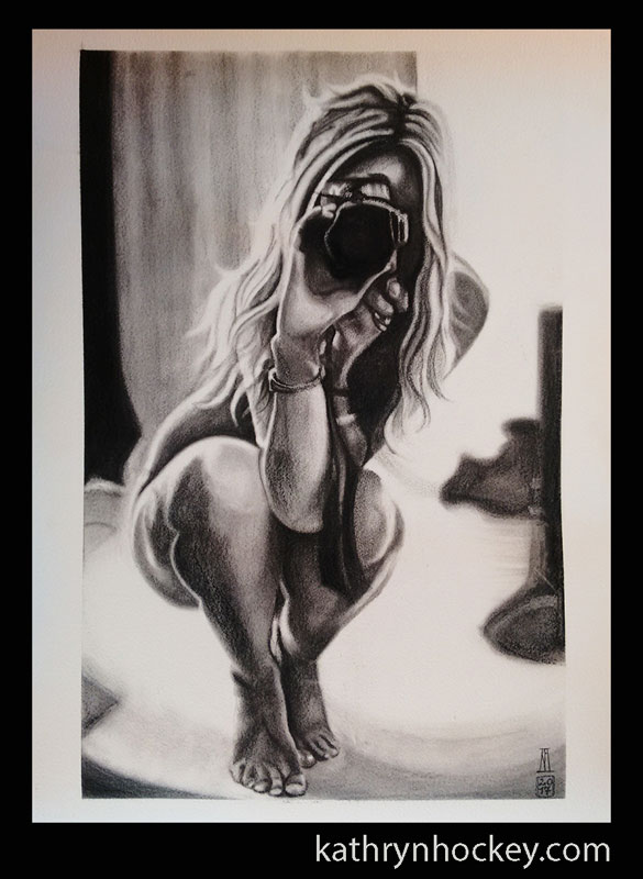 charcoal, portrait, nude, woman, photographer, drawing