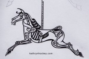 horse, sketelon, carousel, roundabout, merry-go-round, cotton, fabric, surface design, illustration, textile design, woven monkey, bias binding, dress making, shift, dress, sewing, homemade, skeleton, day of the dead, halloween, horse, carousel, fair ground, roundabout, pencil drawing