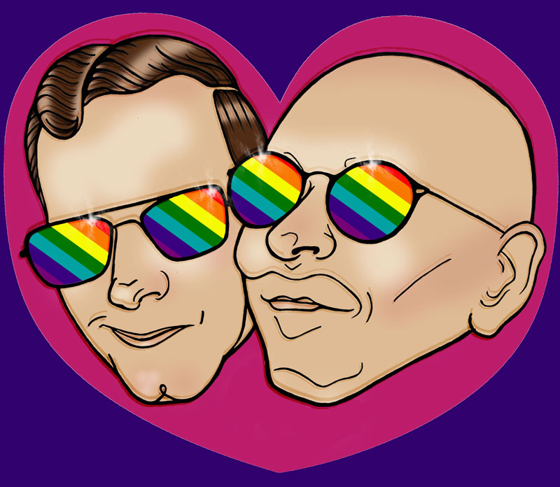 wedding, card, portrait, couple, gay, marriage, greetings card, congratulations, rainbow, joint portrait, couple, happy couple, wedding day, celebration, nuptuals, digital, illustration, pencil, drawing, outline, photoshop, layers, highlights, sunglasses
