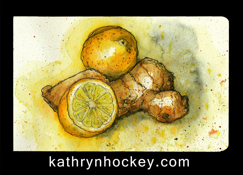 lemon, ginger, cold cure, fruit, food, drawing, water colour, sketch, pen and watercolour, juicy