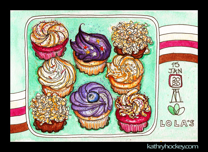 lolas cup cakes, cup cakes, cake, watercolor, too good to go, fight food waste, watercolour, painting, sketchbook, pen and wash, food illustration, illustration, drawing