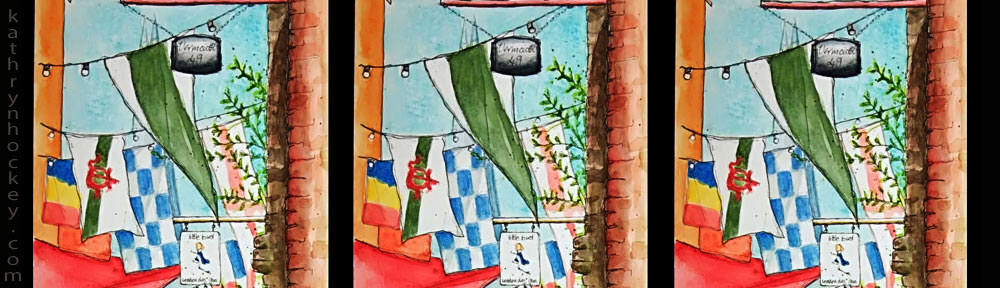maltby street market, food market, street market, bermondsey, london, flags, tozino, little bird gin, vermouth 49, pen and wash, watercolour, watercolor, sketchbook, urban sketcher, urban sketching, drawing, painting, sketching, flags, the shard, landscape, illustration