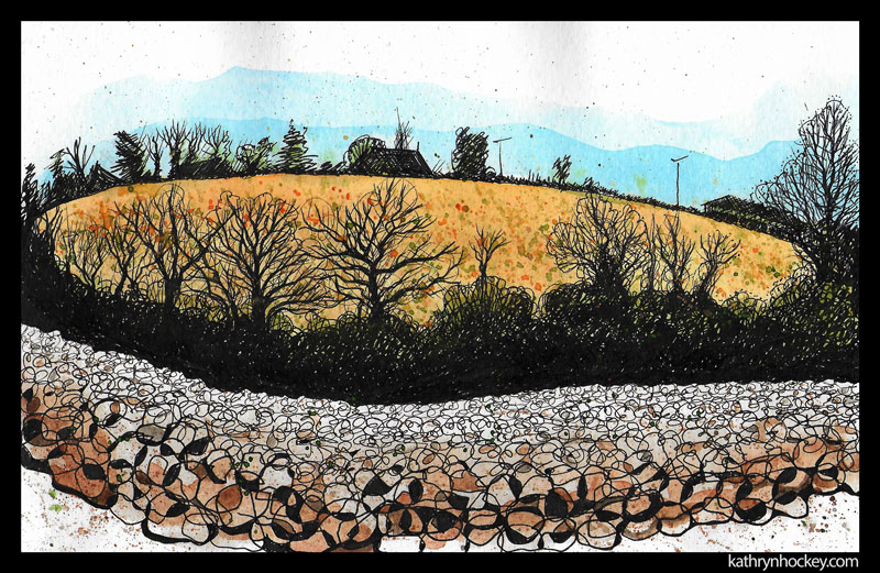 orange, field, essex, winter, landscape, pen and wash, sketch, sketchbook, drawing, watercolour, painting, silhouette, trees