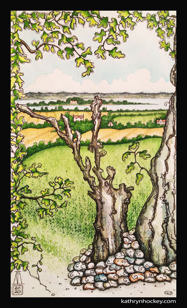 osea island, essex, english countryside, landscape, painting, drawing, watercolour, pen and wash, illustration, river, trees, fields, essex county