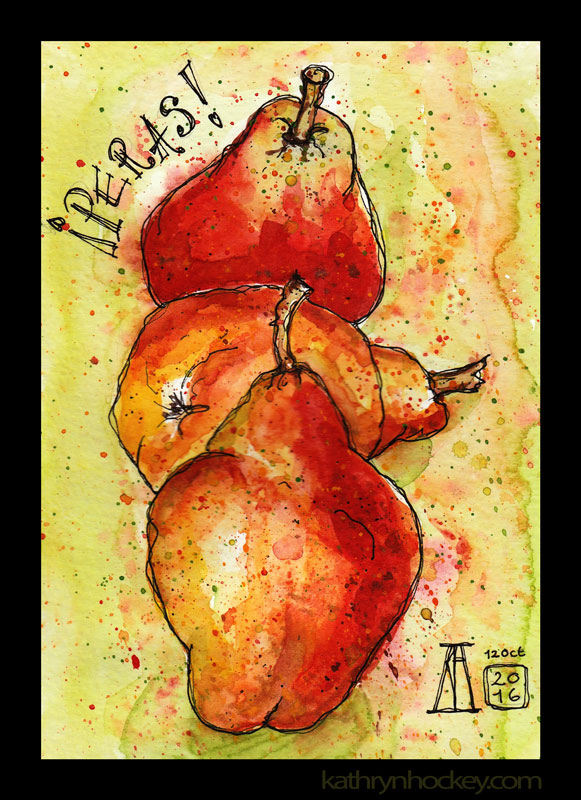 pear, pera, pears, fruit, food, drawing, water colour, sketch, pen and watercolour, juicy