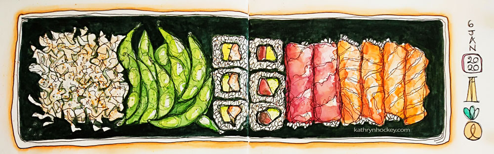 sushi, sushi shop, healthy eating, too good to go, fight food waste, watercolour, painting, sketchbook, pen and wash, food illustration, illustration, drawing