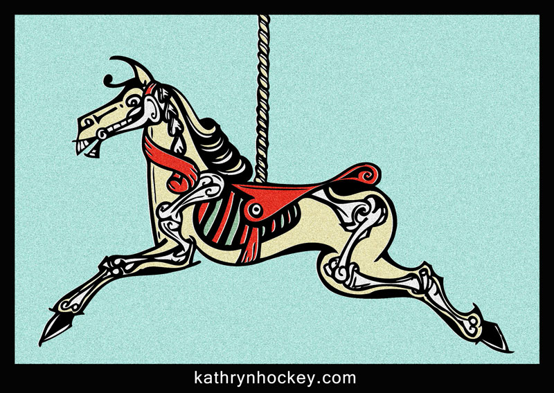 skeleton, horse, halloween, day of the dead, roundabout, repeat pattern, illustration, surface design, horse, sketelon, carousel, roundabout, merry-go-round, cotton, fabric, surface design, illustration, textile design, woven monkey, bias binding, dress making, shift, dress, sewing, homemade