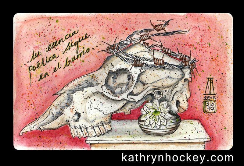 sheep, skull, barbed wire, flower, still life, pen and watercolour, watercolour, water color, acuarela, sketch, illustration, tribute, death