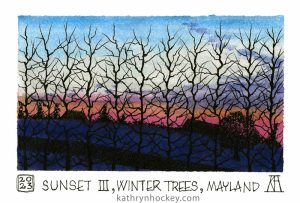 sunset, trees, winter, silhouette, landscape, sky, clouds, essex, mayland, essex, burnham art club, pen and wash, drawing, painting, illustration, watercolour, watercolor