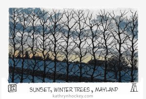 sunset, trees, winter, silhouette, landscape, sky, clouds, essex, mayland, essex, burnham art club, pen and wash, drawing, painting, illustration, watercolour, watercolor