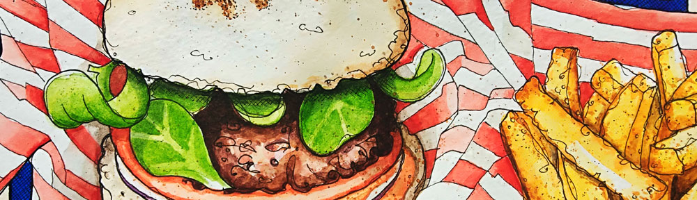 yen burger, london, burger, chips, fries, stripes, watercolour, watercolor, painting, drawing, sketch, sketchbook, food, food illustration, illustration, pen and wash