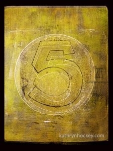 gel plate, gelli arts, monoprint, acrylic paint, seawhite black paper, amsterdam acrylic paint, number, stencil, five