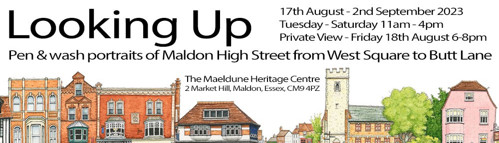 maeldune heritage centre, art, exhibition. art show, art for sale, kathryn hockey, artist, illustrator, art, exhibition, maeldune centre, mrs salisbury, maldon, high street, pen and wash, pen, watercolour, drawing, paintings, illustration, buildings, architecture, essex, market hill