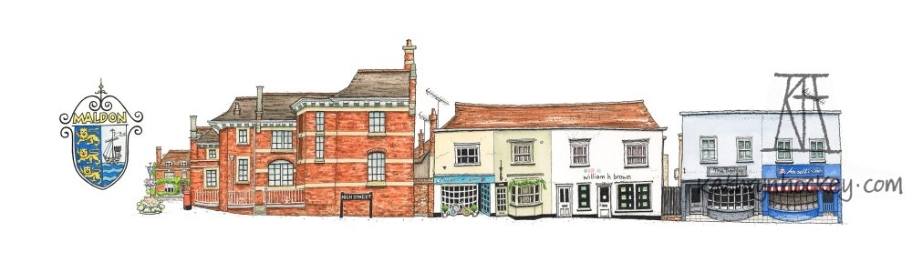 fine art print, print, gift idea, art, art for sale, buy art, kathryn hockey, artist, illustrator, art, maldon, high street, pen and wash, pen, watercolour, drawing, paintings, illustration, buildings, architecture, essex, facade, brights solicitor, pocknells, old police staion, ansells, butcher, beehive, hairdresser, maldon high street series, part 1