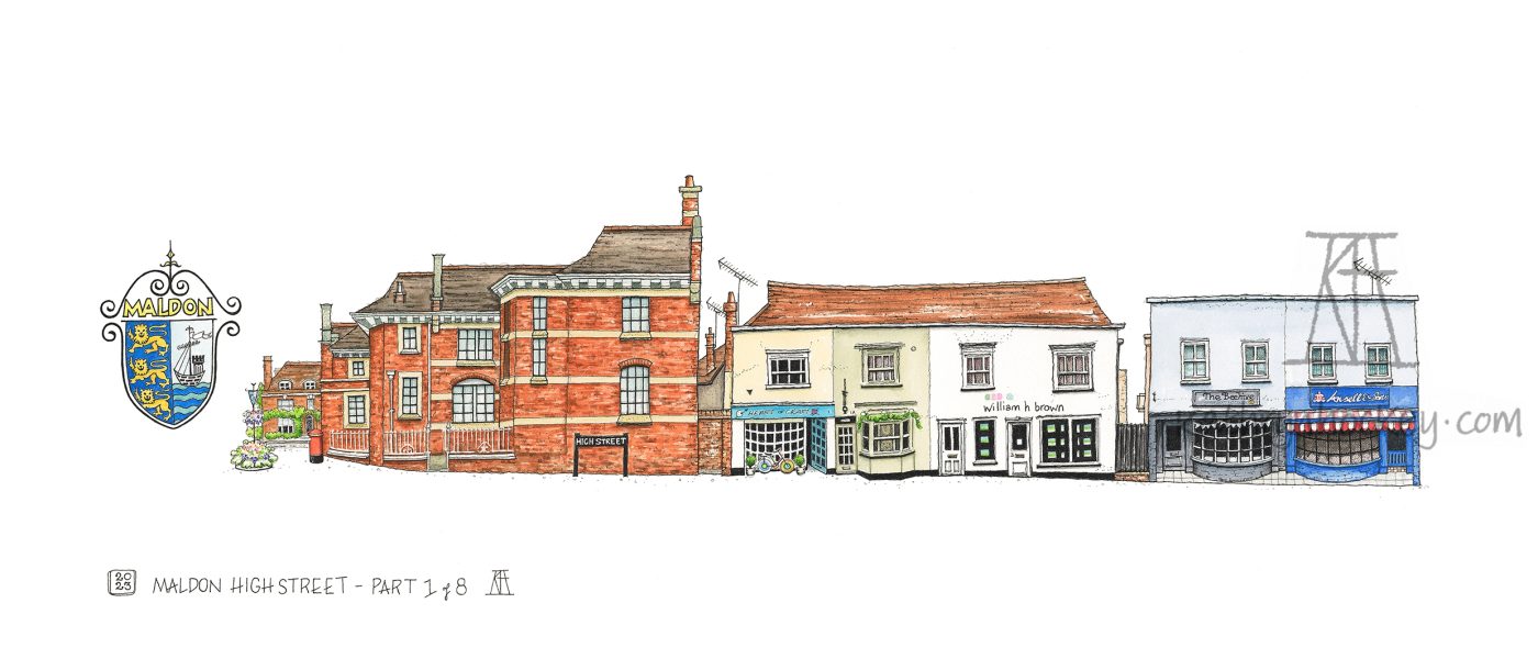 fine art print, print, gift idea, art, art for sale, buy art, kathryn hockey, artist, illustrator, art, maldon, high street, pen and wash, pen, watercolour, drawing, paintings, illustration, buildings, architecture, essex, facade, brights solicitor, pocknells, old police staion, ansells, butcher, beehive, hairdresser, maldon high street series, part 1