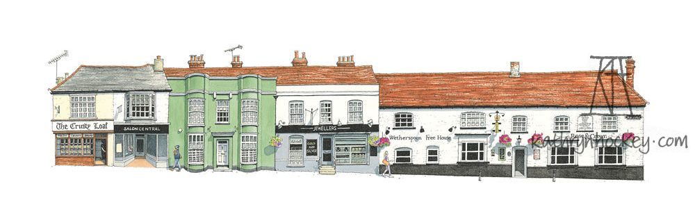 architecture, art, art for sale, artist, buildings, buy art, crusty loaf, drawing, essex, facade, fine art print, gift idea, high street, illustration, illustrator, kathryn hockey, maldon, mitchells jewellery, paintings, pen, pen and wash, print, pub, rose and crown, salon central, watercolour, wetherspoons