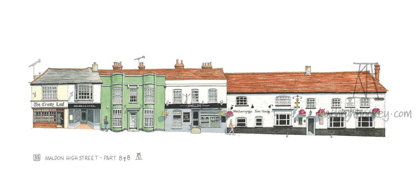 architecture, art, art for sale, artist, buildings, buy art, crusty loaf, drawing, essex, facade, fine art print, gift idea, high street, illustration, illustrator, kathryn hockey, maldon, mitchells jewellery, paintings, pen, pen and wash, print, pub, rose and crown, salon central, watercolour, wetherspoons