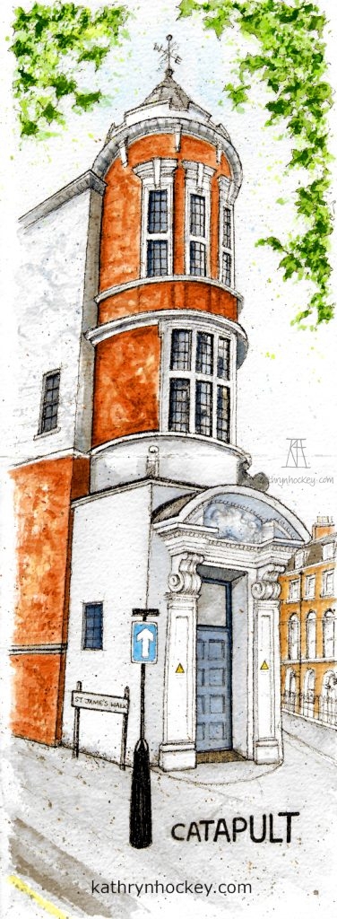 clerkenwell, london, street scene, pen and wash, watercolour, painting, catapult, building, city scape, artwork, drawing, concertina sketchbook