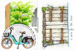 clerkenwell, london, collage, pen and wash, watercolour, painting, forest bike, city forest, door in the floor, city scape, artwork, drawing, concertina sketchbook