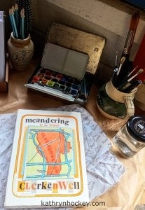 clerkenwell, london, map, collage, coloured pencil, pen and wash, artwork, drawing, concertina sketchbook