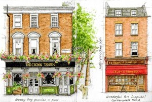 clerkenwell, london, crown tavern, london pub, dog, wheaten terrier, street scene, pen and wash, watercolour, painting, stuart r stevenson, art supplies, city scape, artwork, drawing, concertina sketchbook