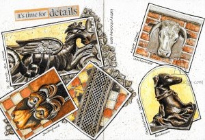 clerkenwell, london, collage, pen and wash, watercolour, painting, wood carvings, details, pew ends, st bartholomew the great, animal heads, charterhouse chapel, dogs, cow, griffin, artwork, drawing, concertina sketchbook