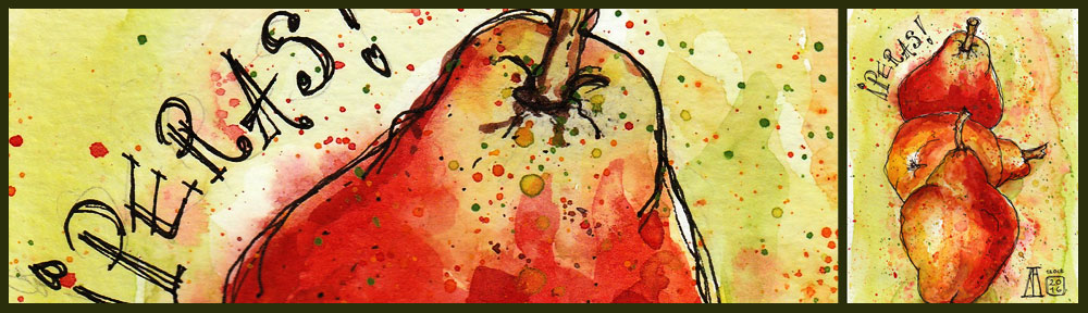 pear, pera, pears, fruit, food, drawing, water colour, sketch, pen and watercolour, juicy