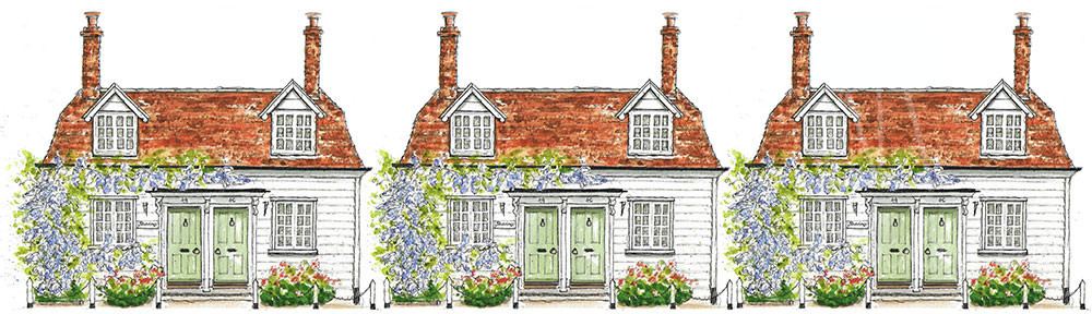 burnham art trail, sharings, wisteria, weatherboard, cottage, high street, burnham-on-crouch, pen and wash, watercolour, painting, drawing, landscape, house, cottage core